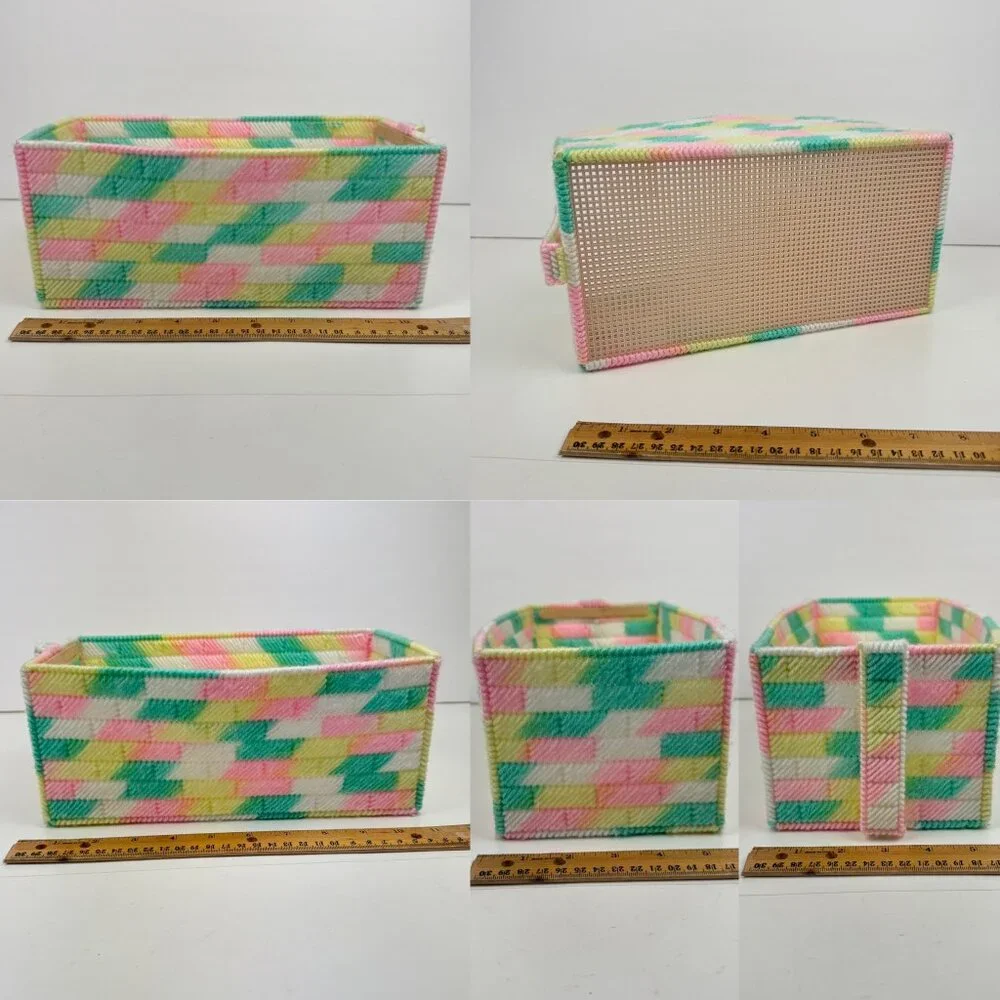 Vtg Pastel Colorful Multicolor Yarn Plastic Canvas Rectangle w Handle Basket‎